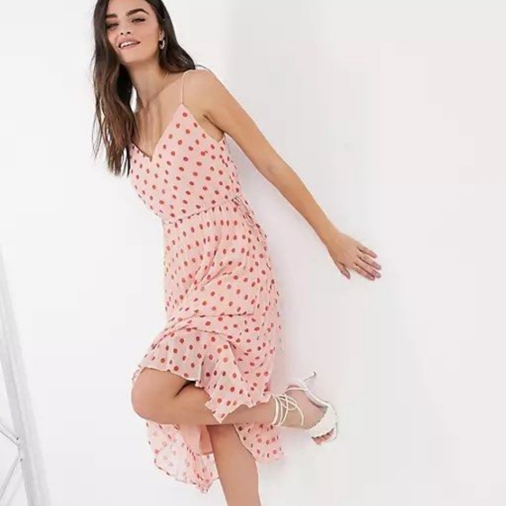 Asos design pleated cami midi dress withdrawstring waist in polka dot